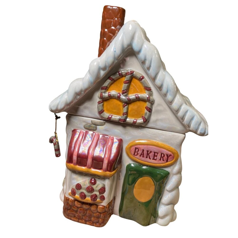 Ganz  Ceramic Bakery Cookie Jar w/ Candy Cane Accent Snowy Roof & Holiday Detail